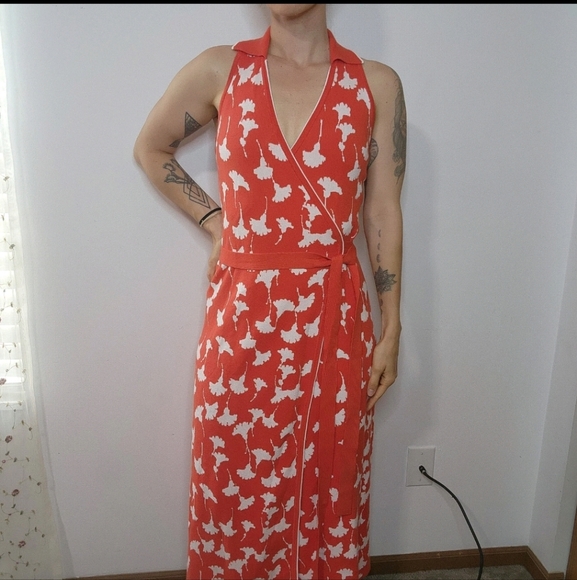 Diane Von Furstenberg Gingko Cherry Sweater Wrap Midi Dress Size Large - Picture 1 of 4